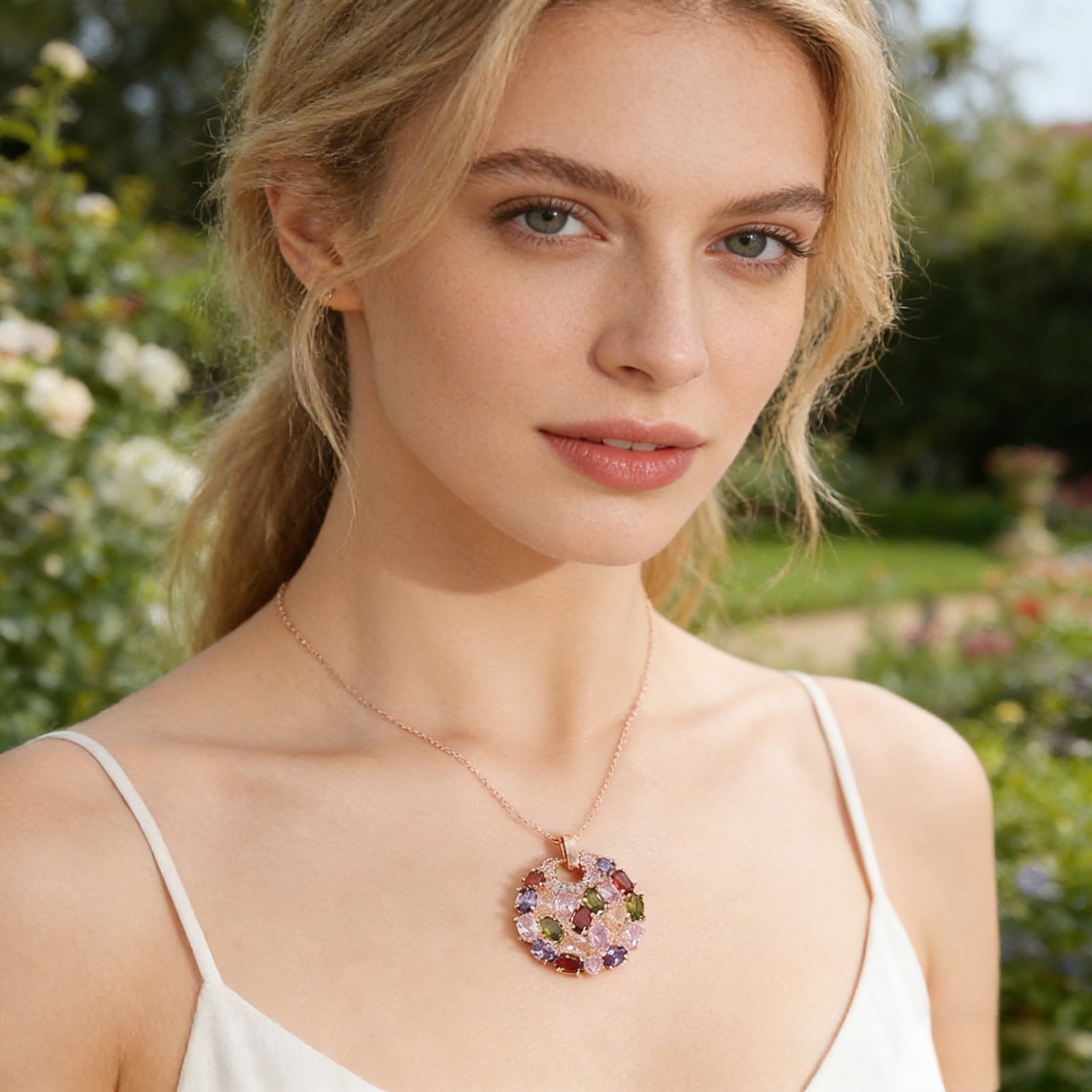 Rose Gold Rainbow Crystal Disc Pendant Necklace