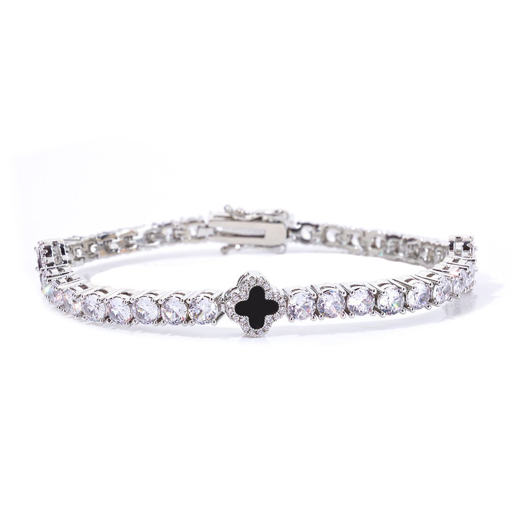 Silver Tone Crystal Tennis Bracelet with Black Clover | Rhodium Plated Sparkling Clover Bracelet