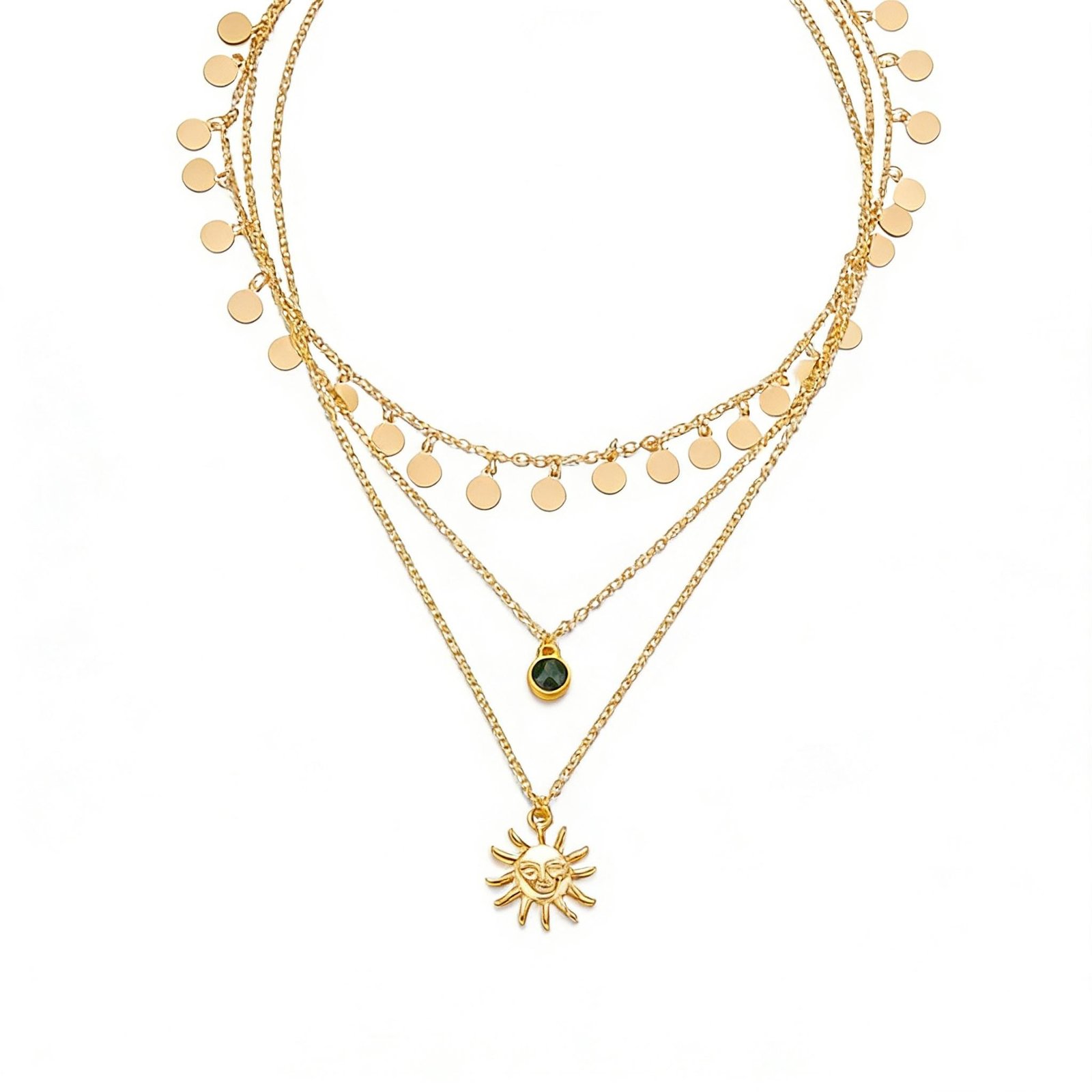 Multi-Layer Gold Disc & Sunburst Pendant Necklace