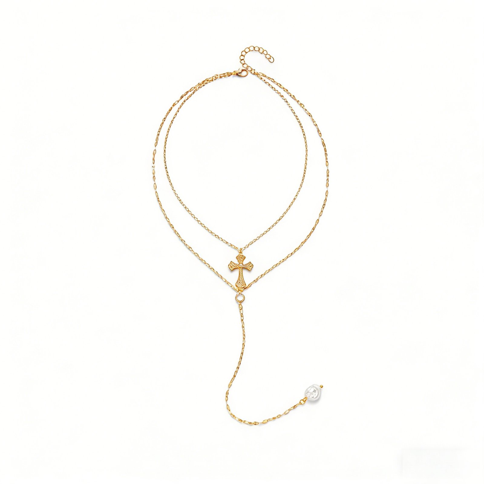 Gold Cross & Pearl Lariat Layered Necklace | 18K Plated Minimalist Y-Shaped Necklace