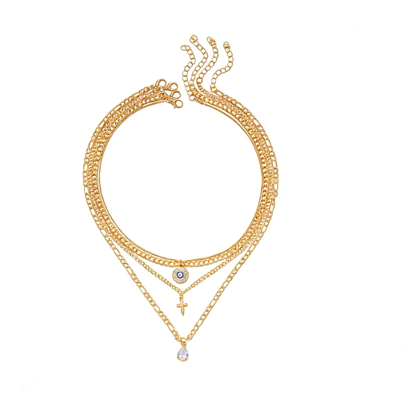 Multi-Layer Evil Eye & Crystal Drop Gold Necklace