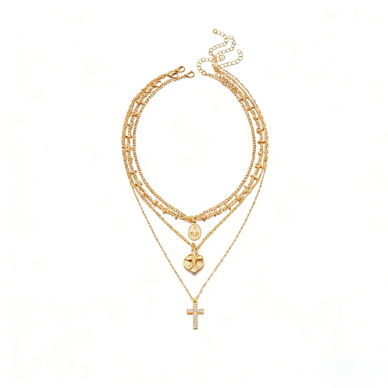 Multi-Layer Gold Cross & Medallion Statement Necklace