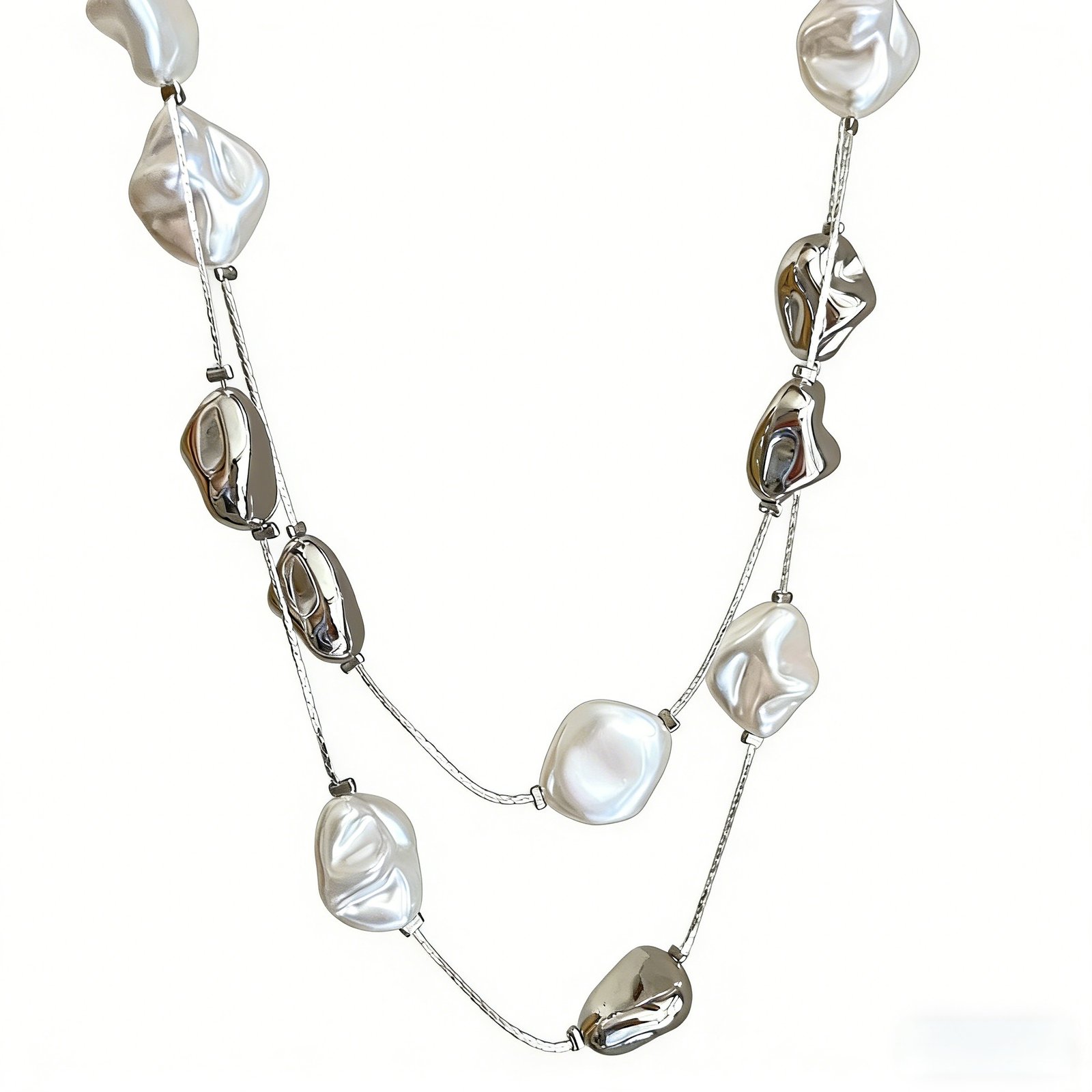 Silver Tone Baroque Pearl & Metal Multi-Layer Long Necklace