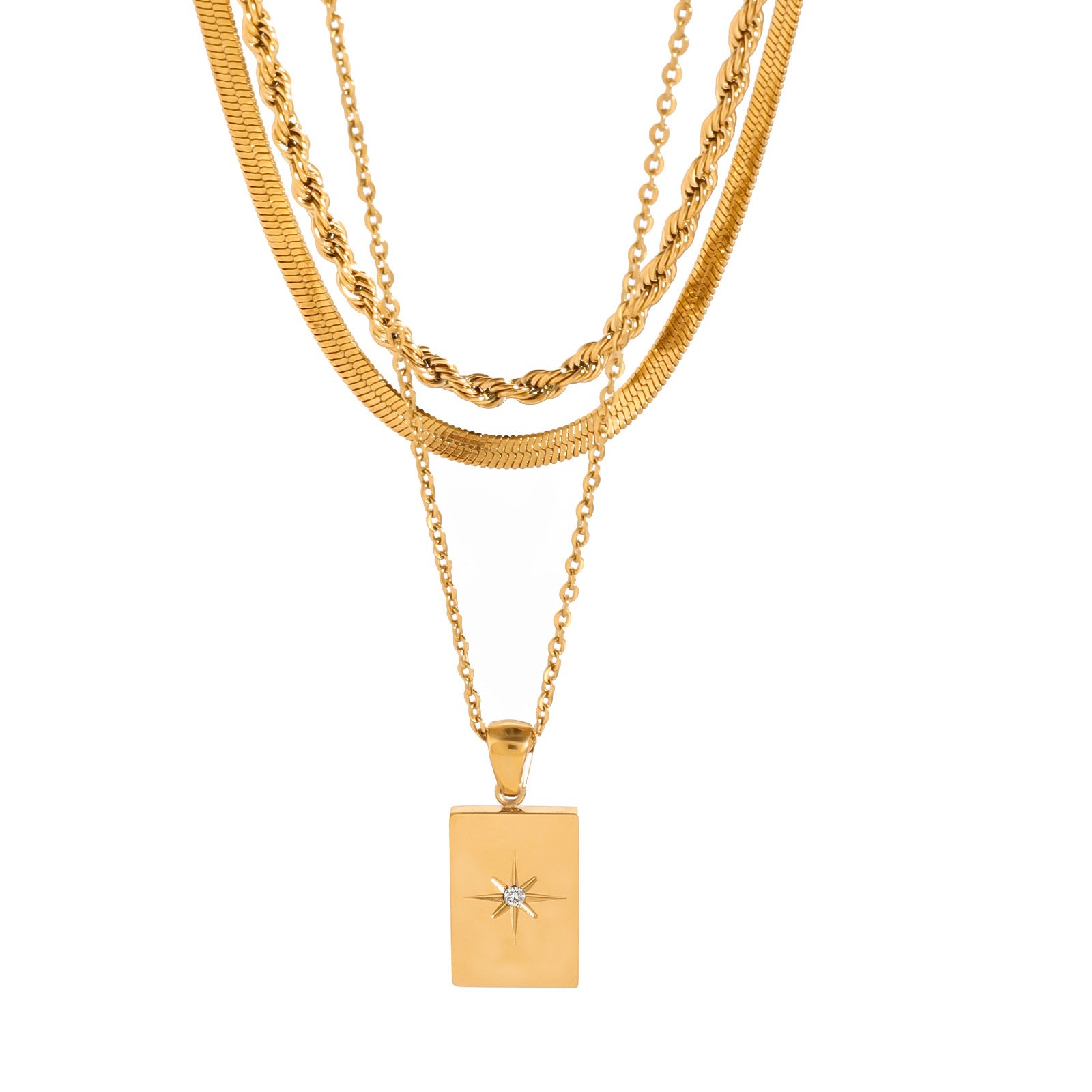 Gold Multi-Layer Chain Necklace with Starburst Tag Pendant
