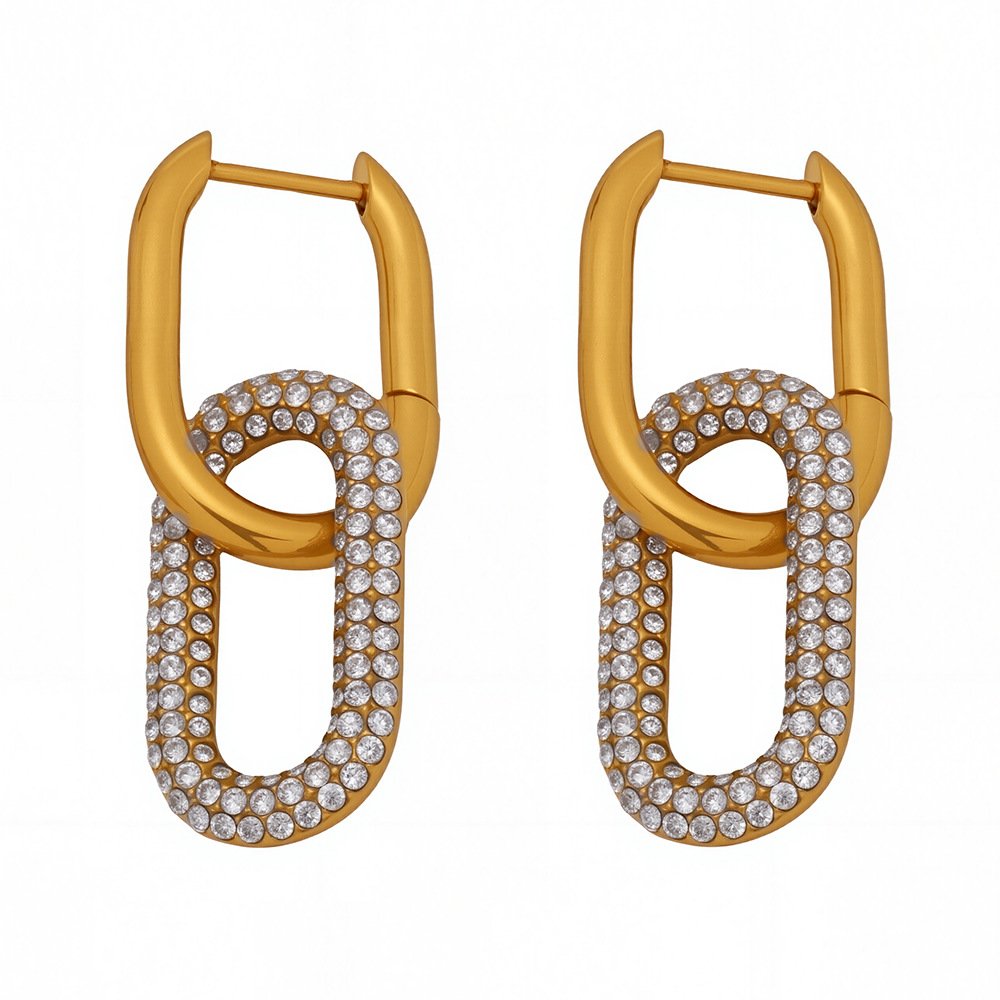 Gold Paved Crystal Paperclip Drop Earrings