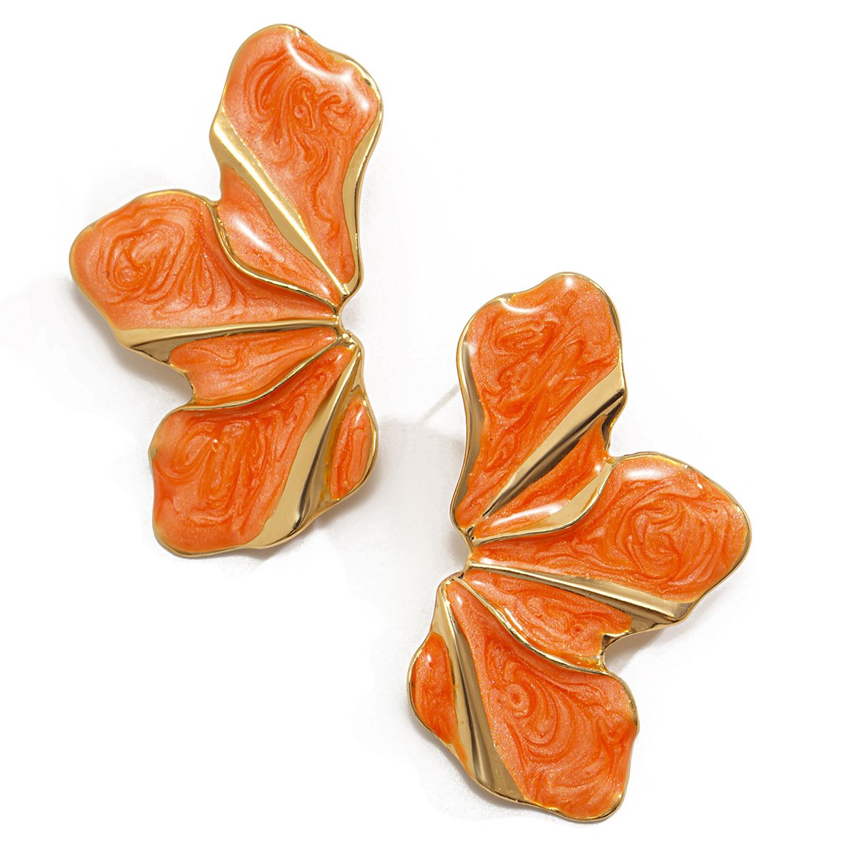 Orange Enamel Gold Trim Butterfly Statement Earrings 18K Plated Abstract Petal Earrings