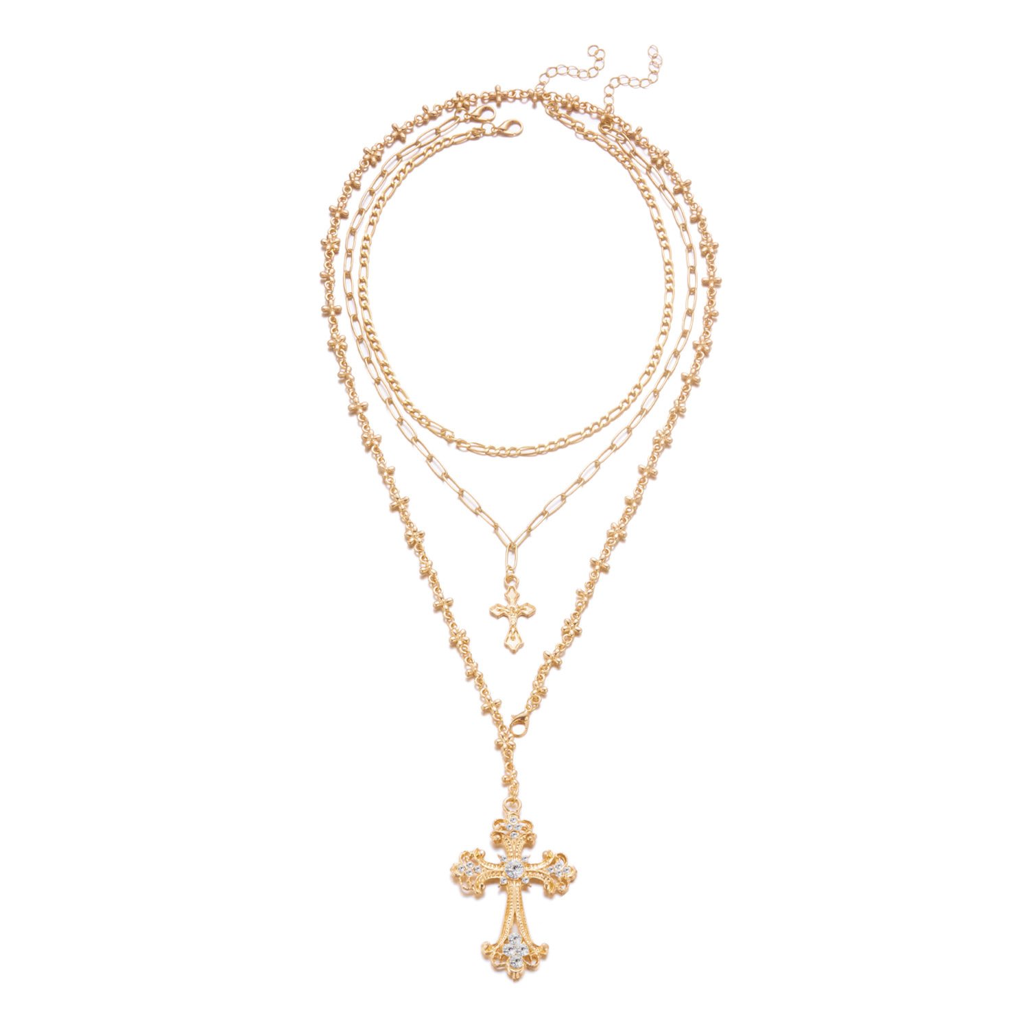 Multi-Layer Gold Cross Pendant Statement Necklace | 18K Plated Crystal Cross Multi-Strand Necklace