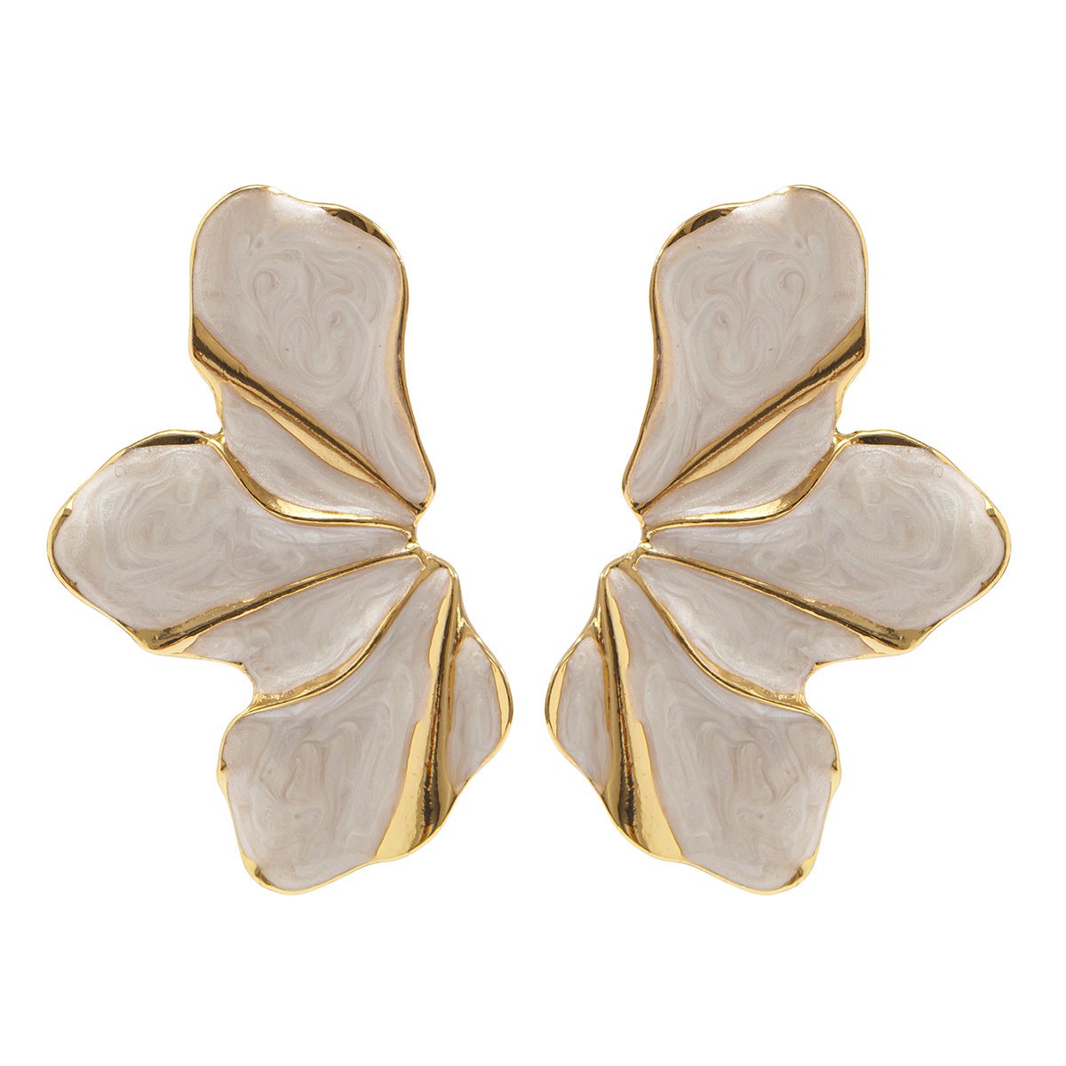 White Enamel Gold Trim Floral Statement Earrings 18K Plated Abstract Petal Earrings
