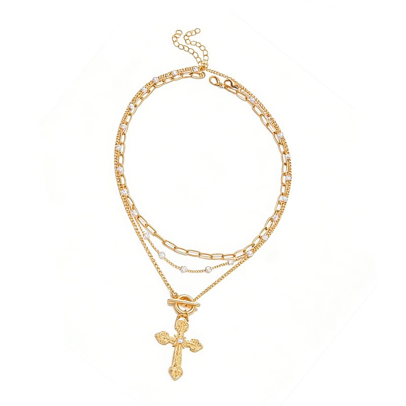 Multi-Layer Gold Crystal Cross Pendant Necklace