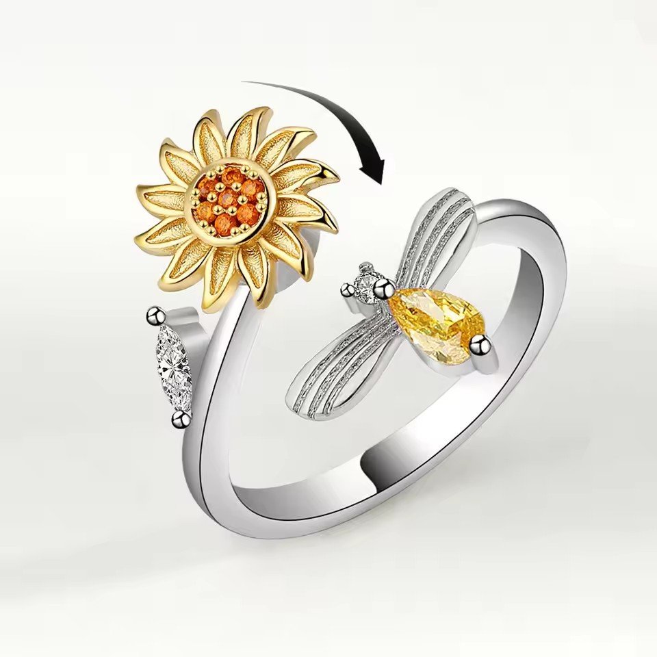 Sterling Silver Sunflower Spinner Ring | Anxiety Relief Fidget Bee Ring for Women
