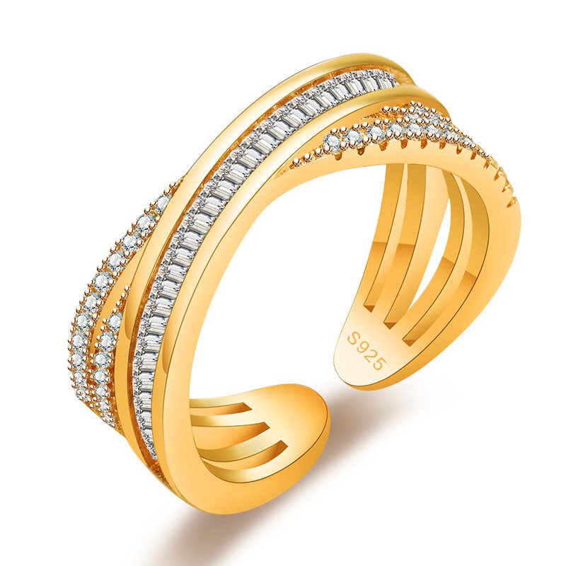 S925 Sterling Silver Gold Plated Cubic Zirconia Twisted Open Ring