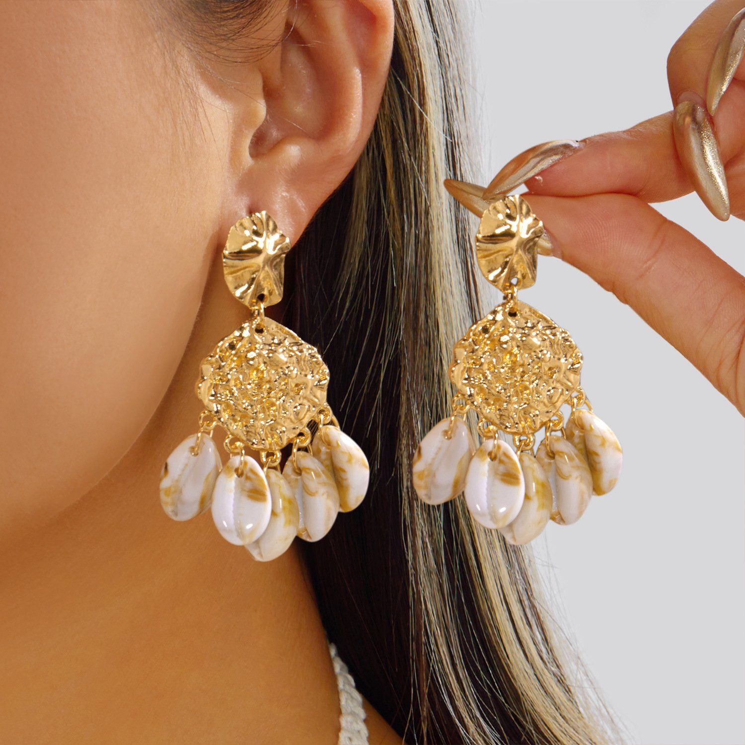 Gold Hammered Drop Earrings - Shell Pattern Beads Chandelier Style, 18K Gold Plated