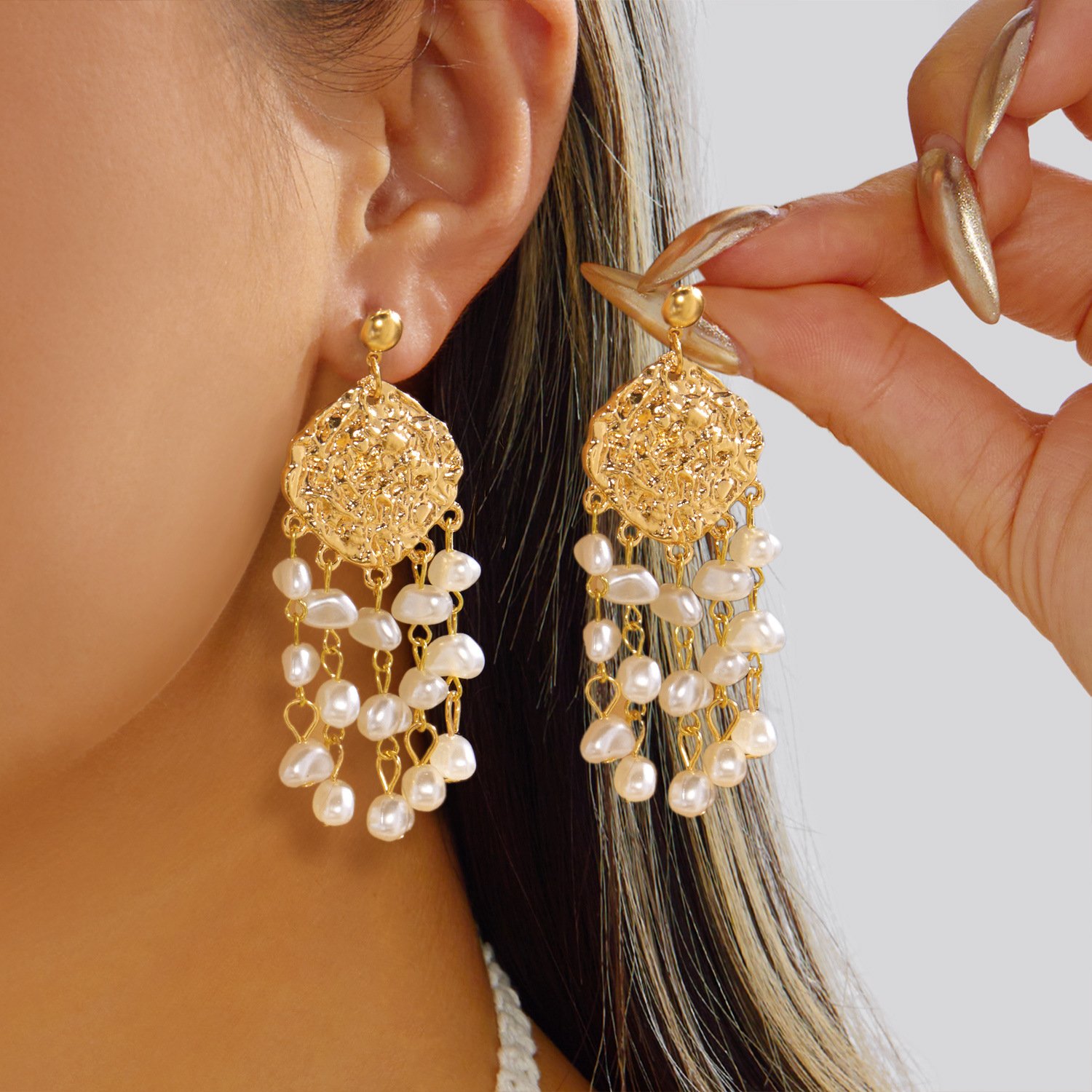 Gold Textured Chandelier Earrings with Baroque Pearl Tassels