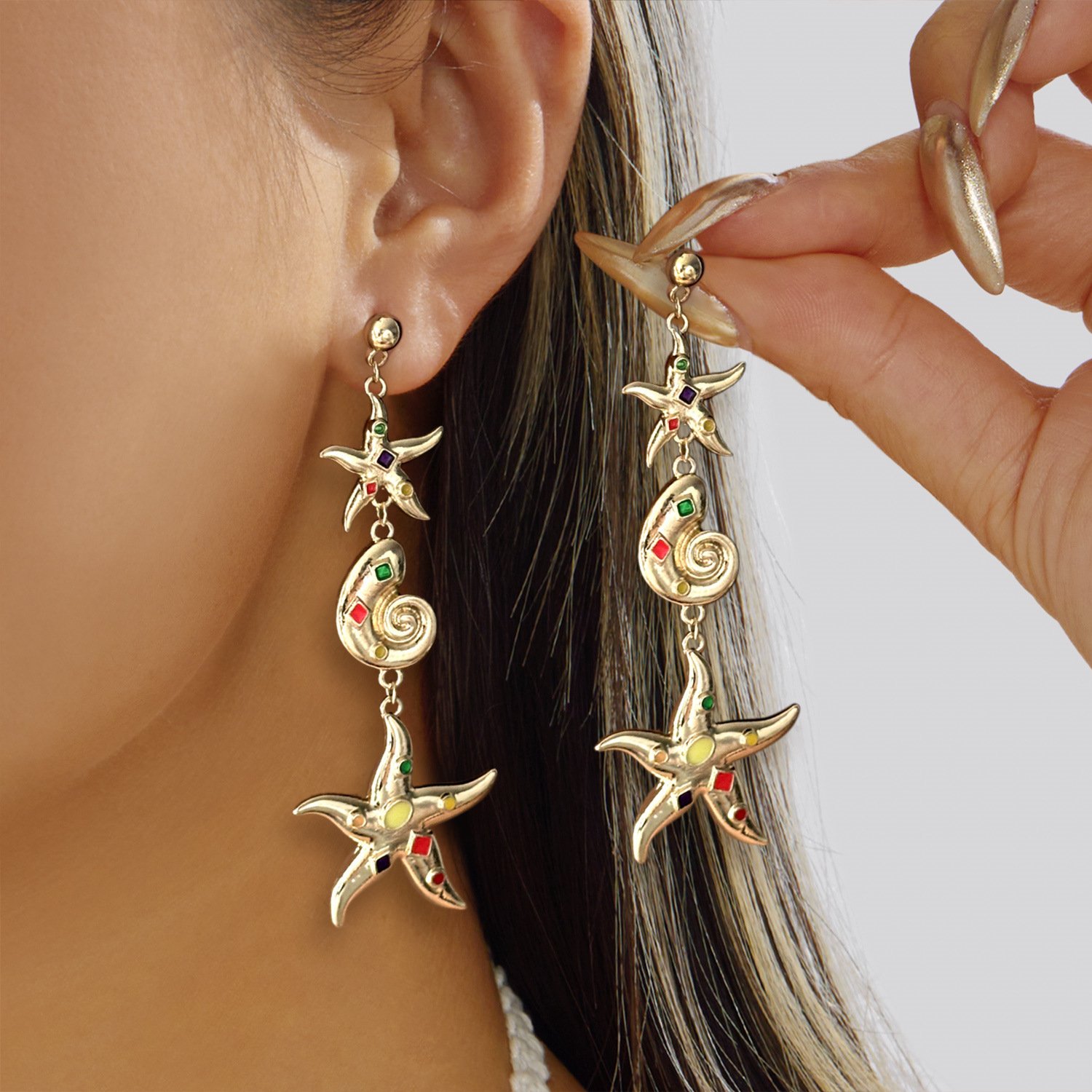 Gold Starfish & Shell Drop Earrings - Multicolor Enamel, 18K Gold Plated