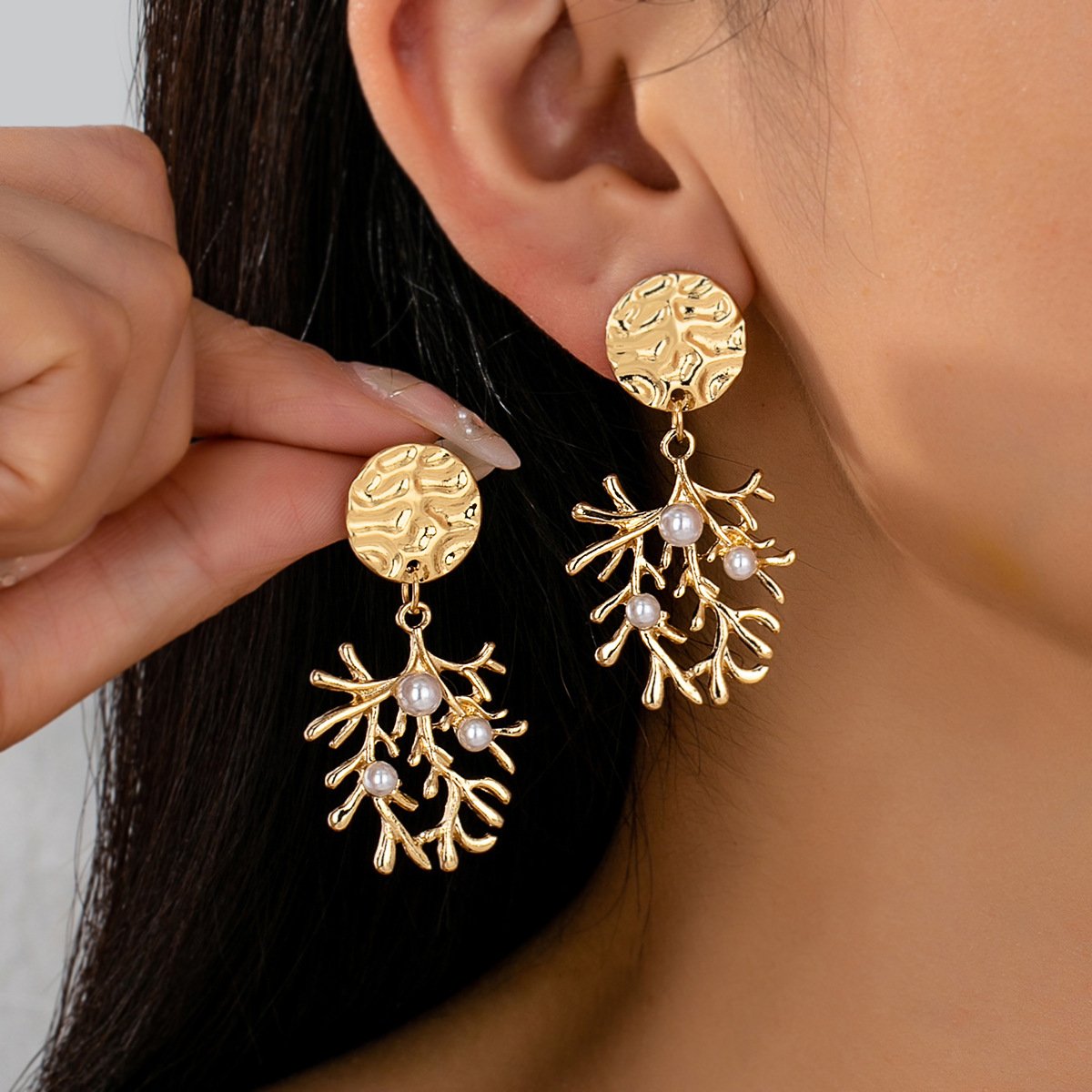 Gold Coral Branch Drop Earrings - Textured Stud with Pearls, 18K Gold Plated