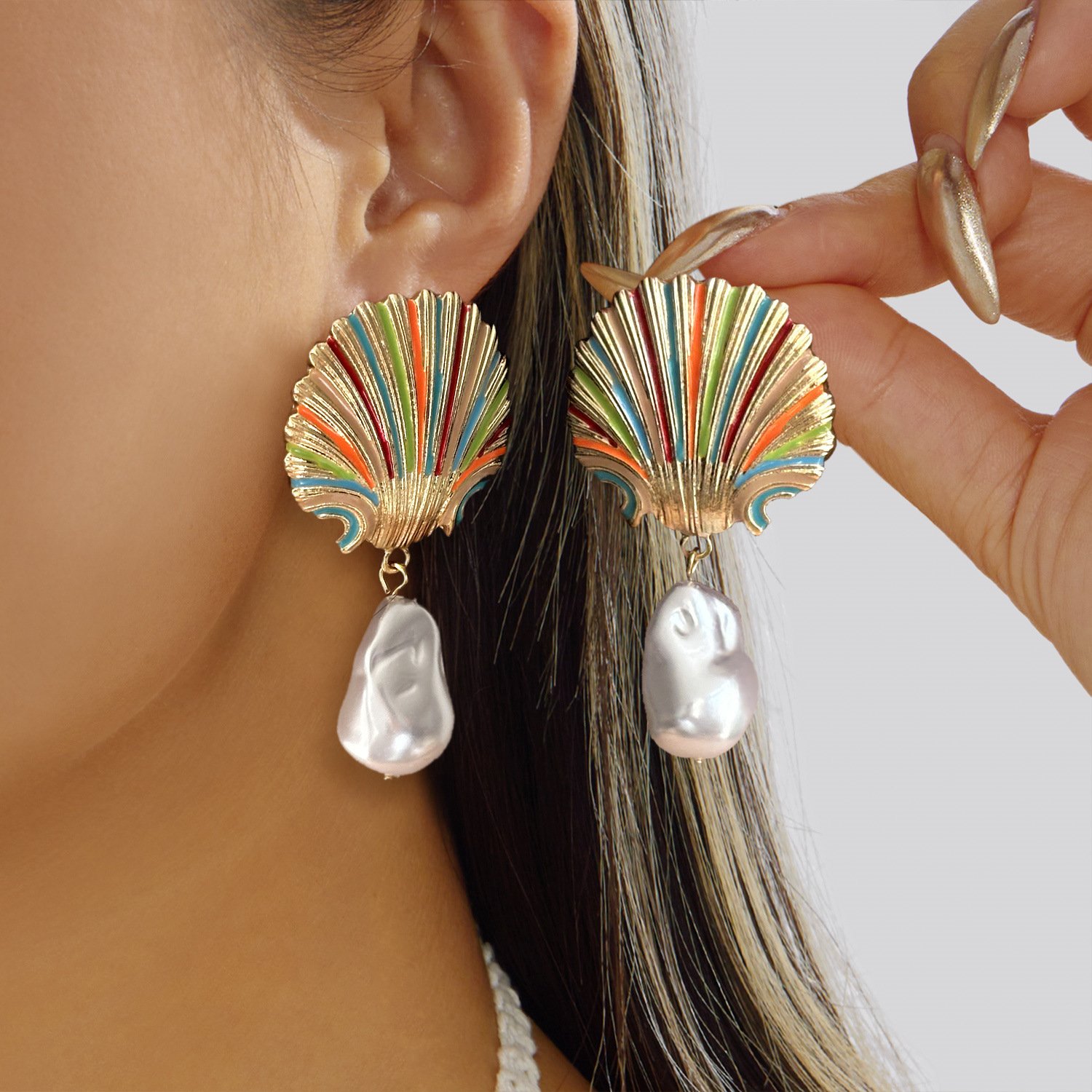 Gold Shell Drop Earrings with Multicolor Enamel & Baroque Pearl Accents