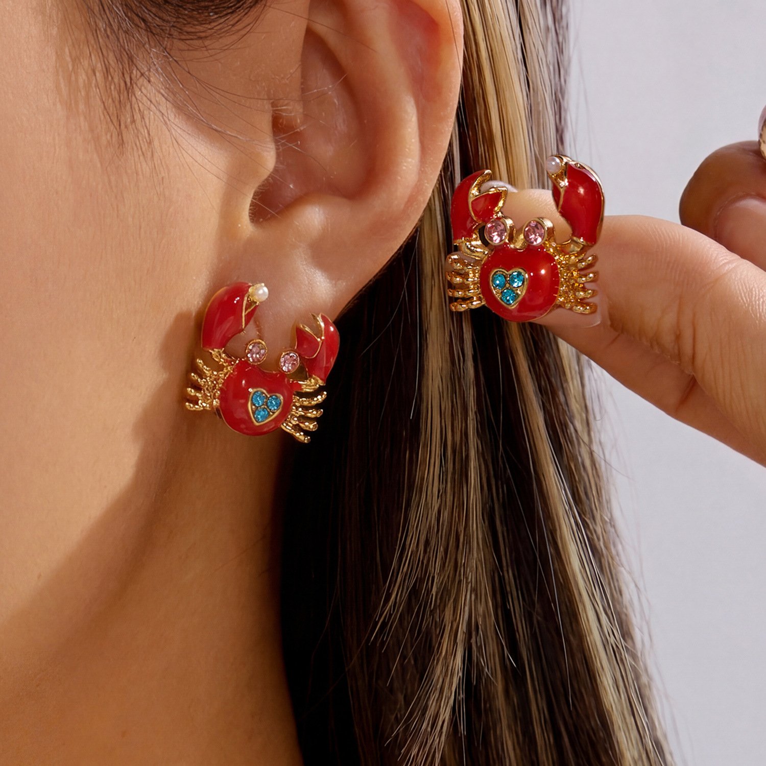 Red Enamel Crab Stud Earrings - Multicolor Crystals & Pearl Accents, 18K Gold Plated