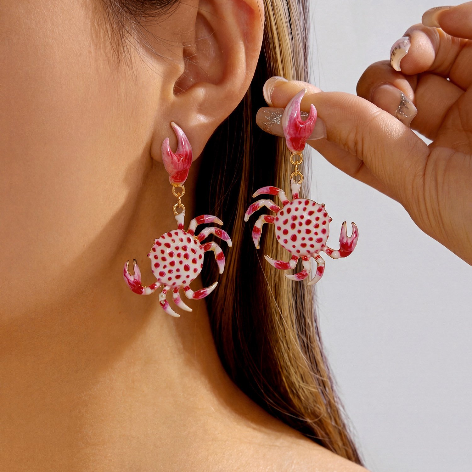 Pink Polka Dot Crab Drop Earrings with Enamel & Gold Accents