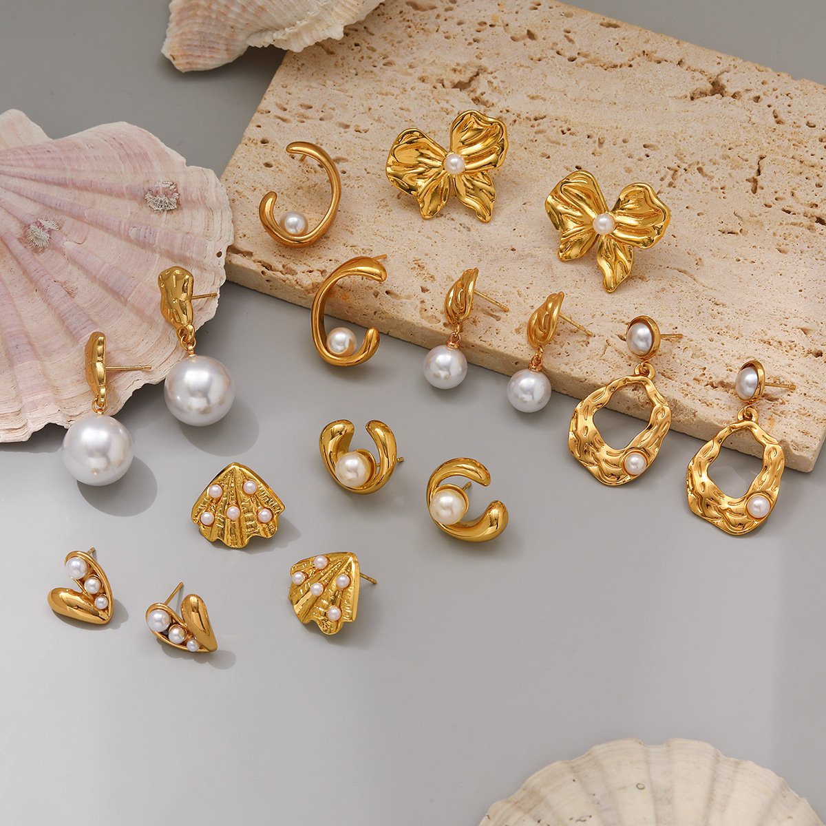 18K Gold Plated Hammered Pearl Drop Earrings
