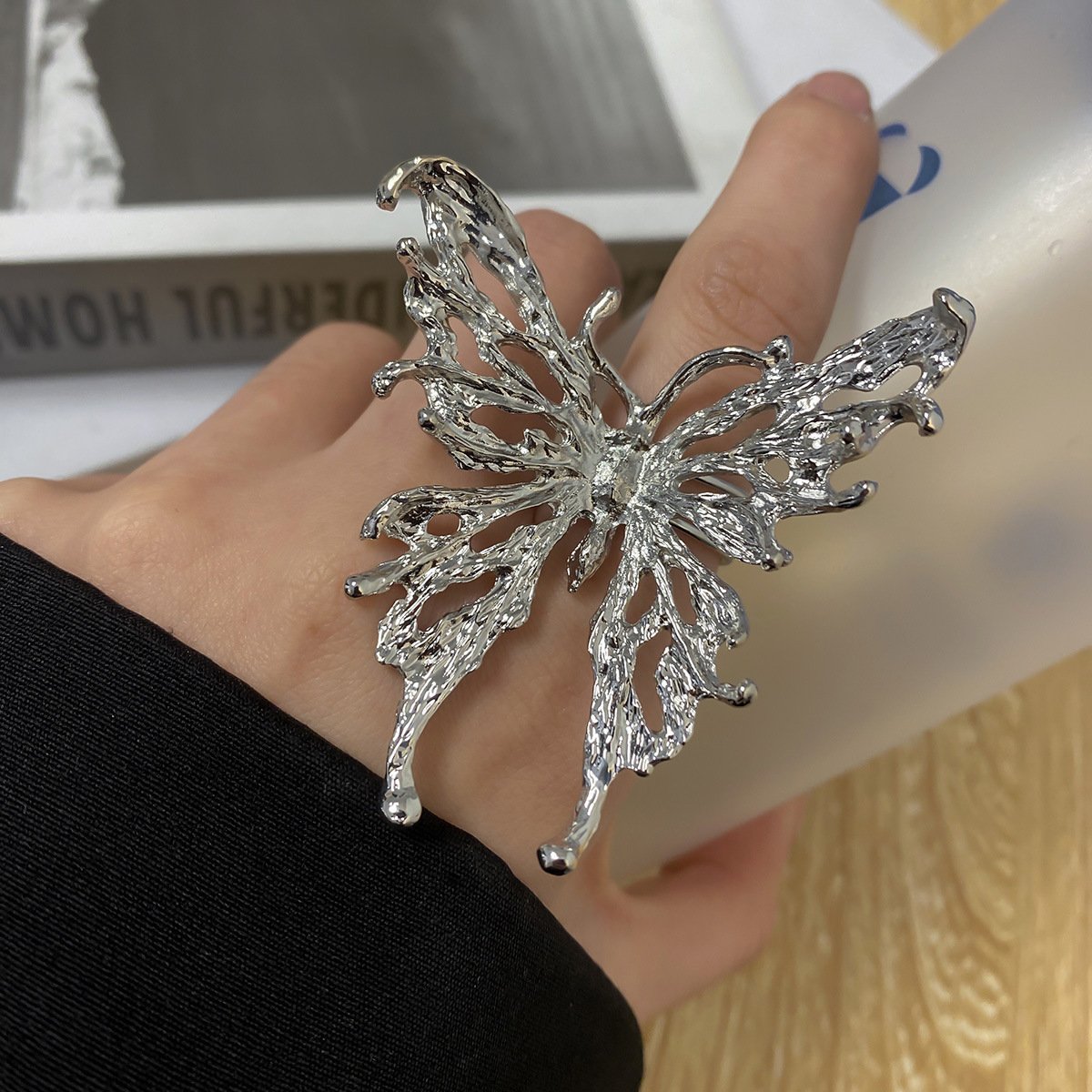 Silver Liquid Butterfly Statement Ring