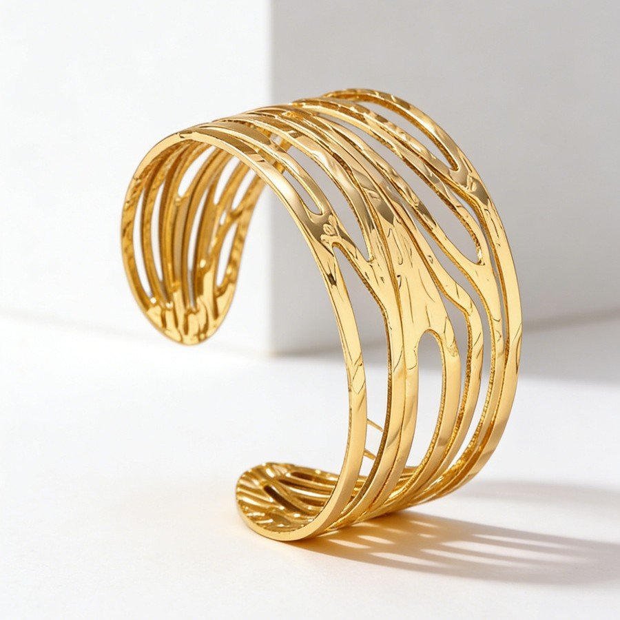18K Gold Plated Multi-Strand Open Cuff Bracelet with Abstract Cutout Design