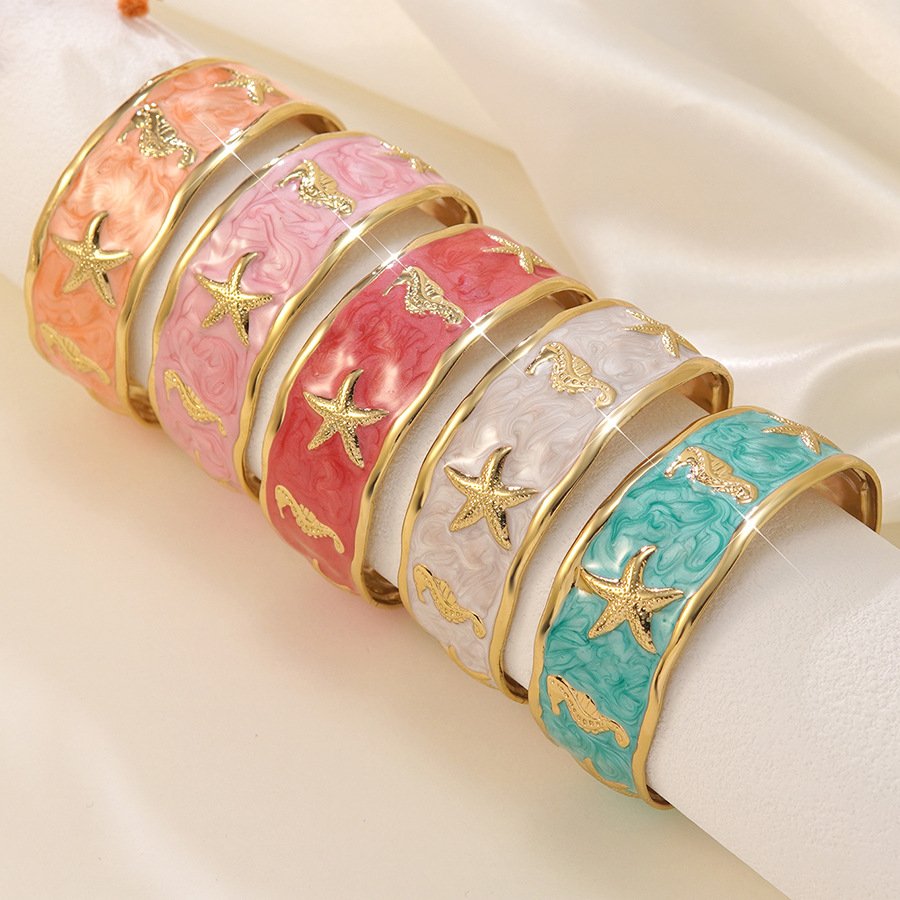 Ocean Starfish Enamel Cuff Bracelet for Women – Gold Beach Bangle Coastal Jewelry