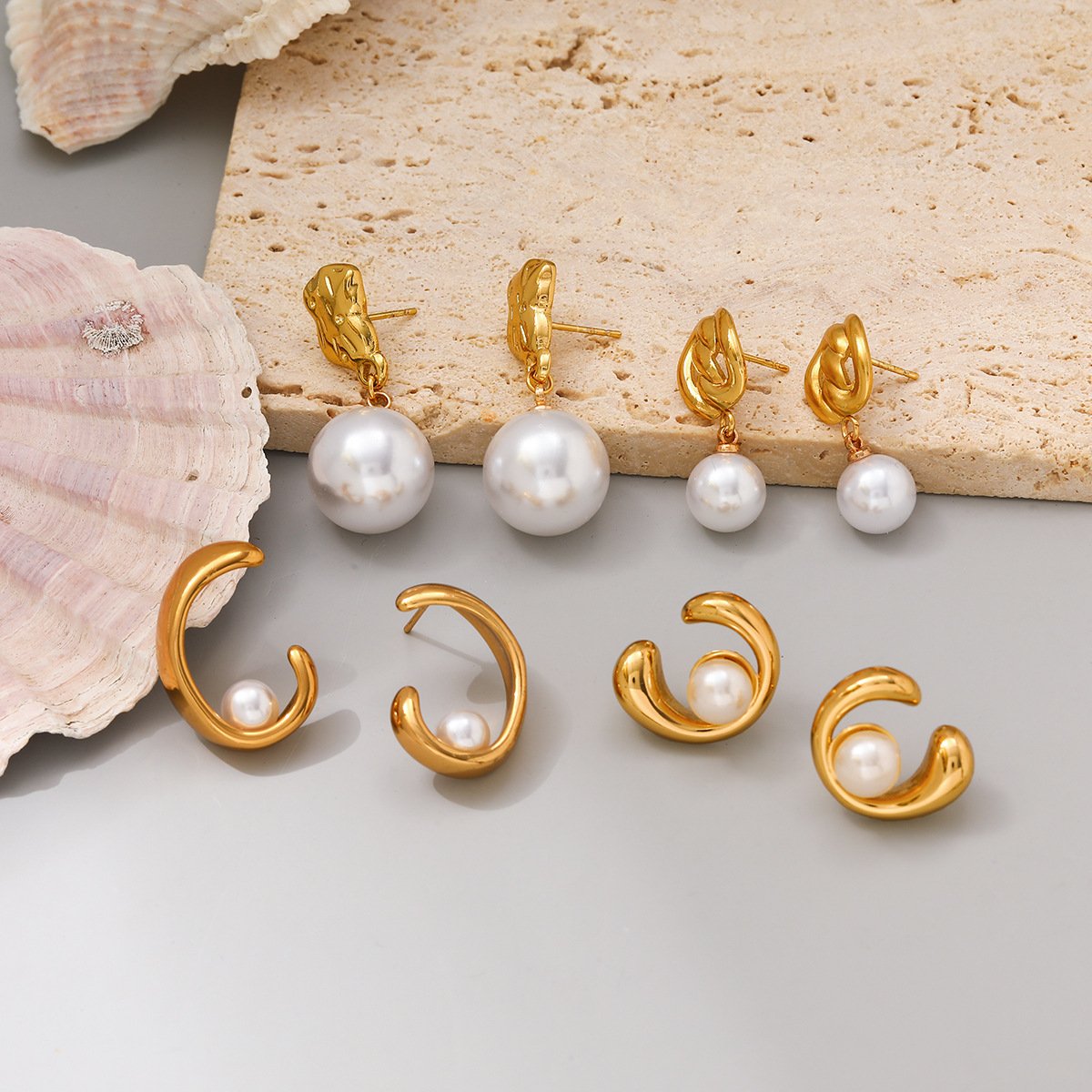 18K Gold Plated Hammered Pearl Drop Earrings
