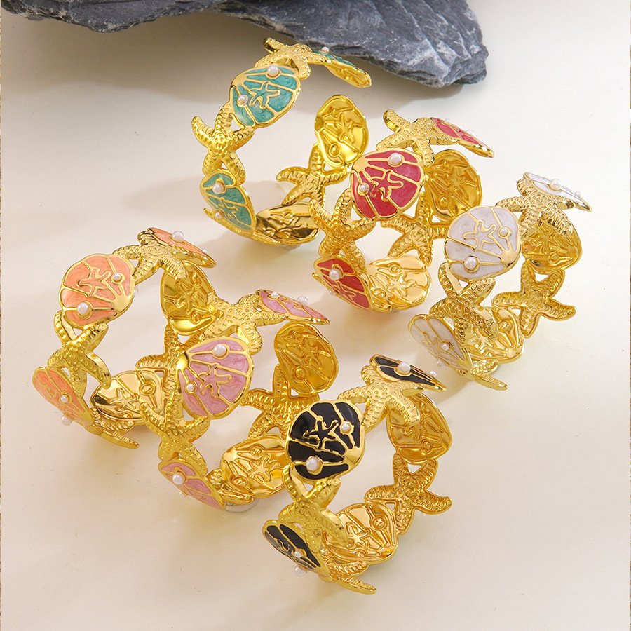 18K Gold Plated Starfish & Sand Dollar Enamel Open Cuff Bracelet