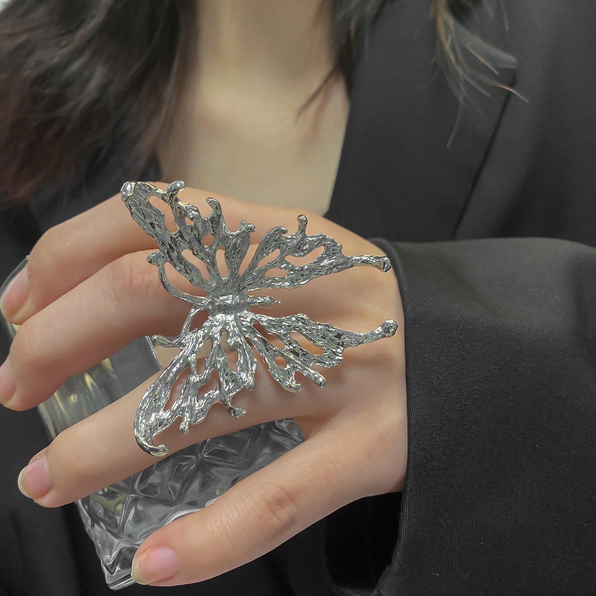 Silver Liquid Butterfly Statement Ring