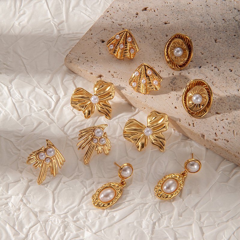 18K Gold Plated Hammered Pearl Drop Earrings