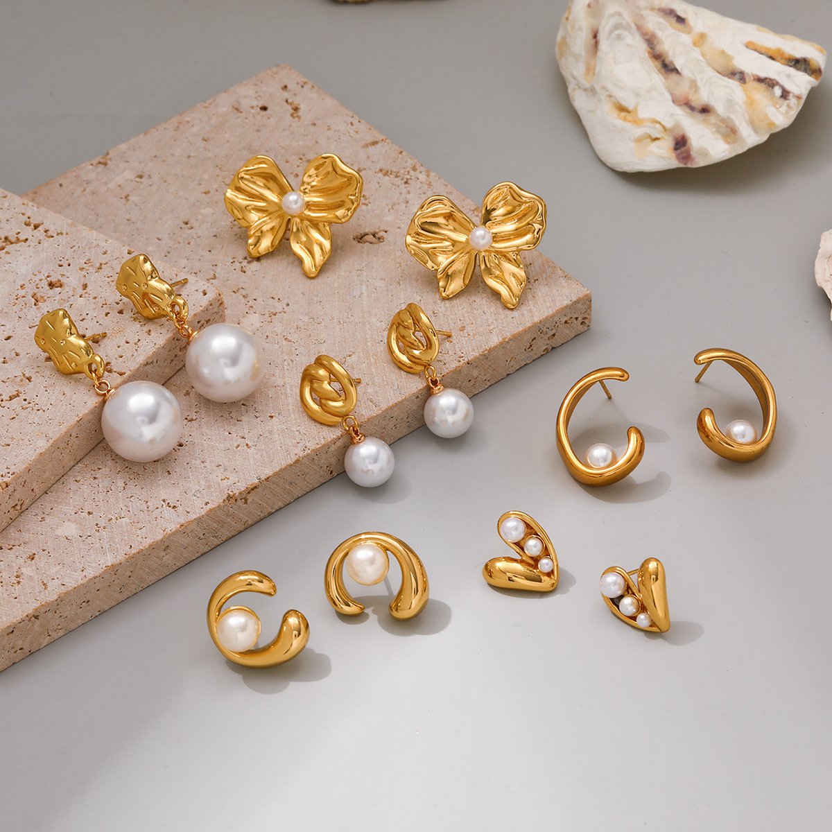18K Gold Plated Hammered Pearl Drop Earrings