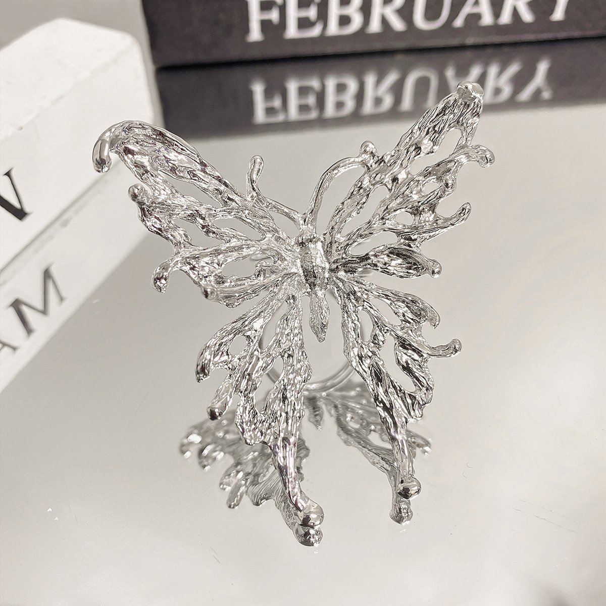 Silver Liquid Butterfly Statement Ring
