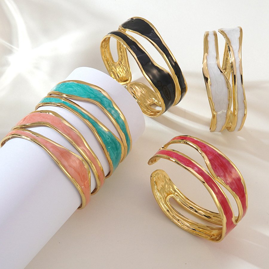 18K Gold Plated White Enamel Double Band Open Cuff Bracelet