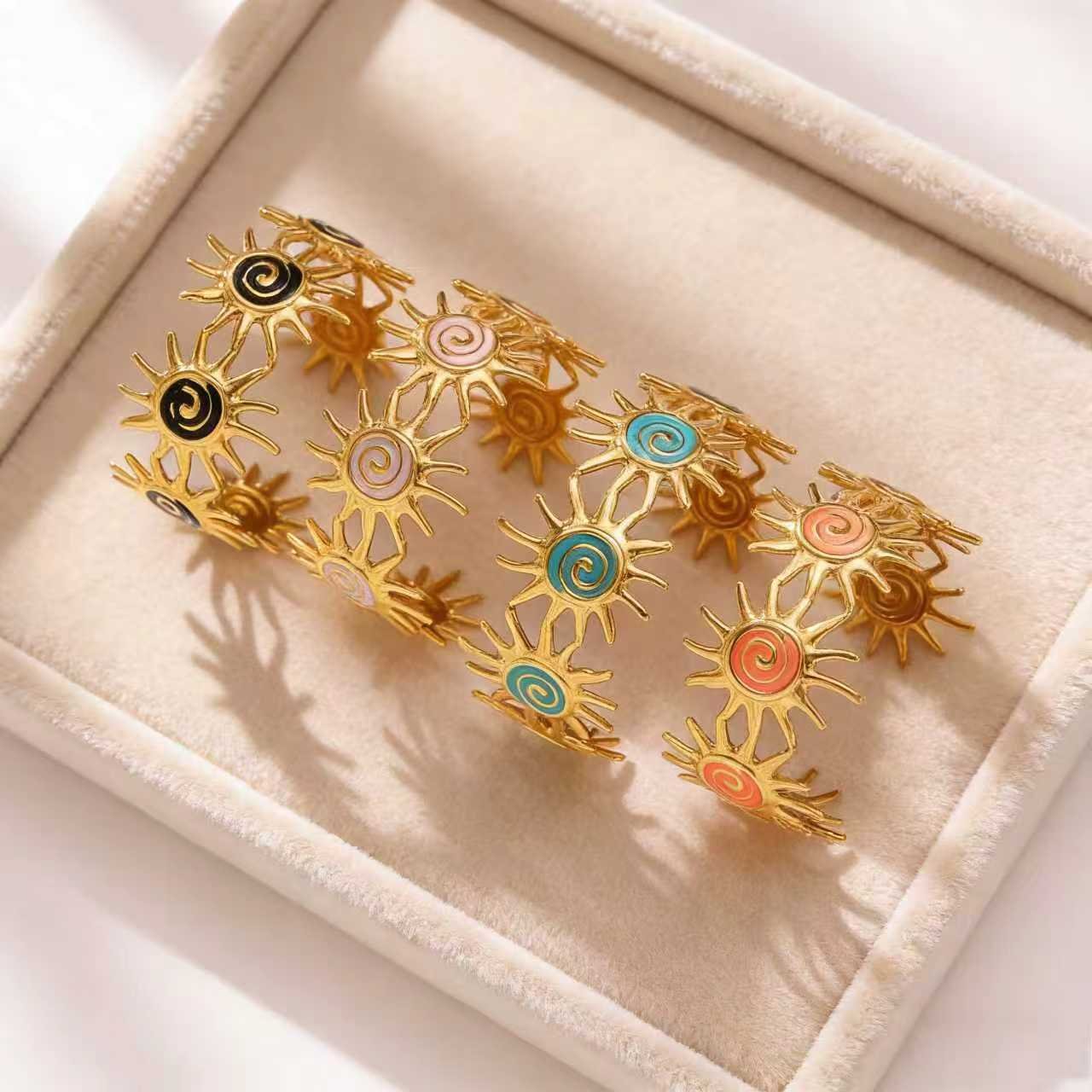 18K Gold Plated Multicolor Sun Spiral Enamel Open Cuff Bracelet
