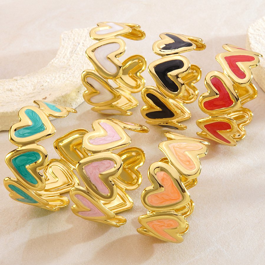 18K Gold Plated Swirl Enamel Stacked Heart Open Cuff Bracelet