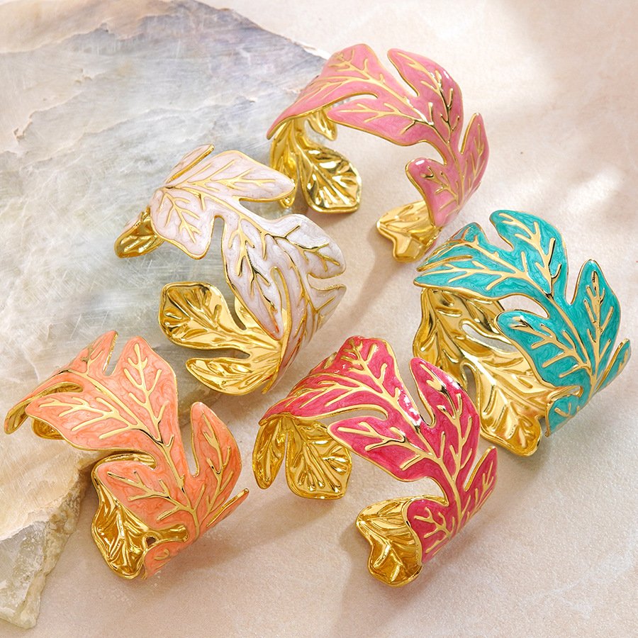 18K Gold Plated Leaf Enamel Cuff Bracelet - Adjustable Open Bangle, 5 Colors