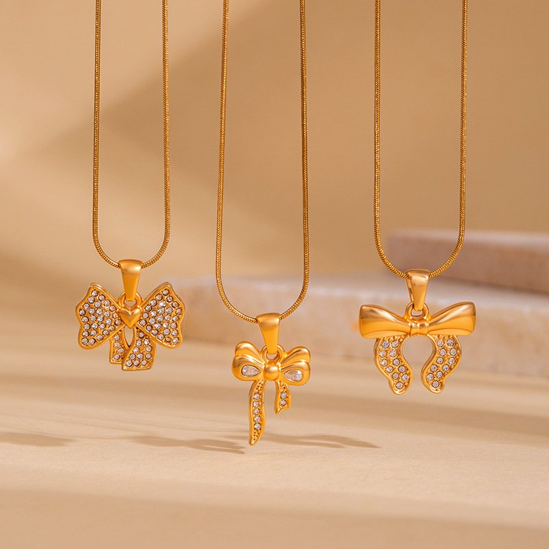 18K Gold Plated Bow Pendant Necklace with Pave Clear Crystals