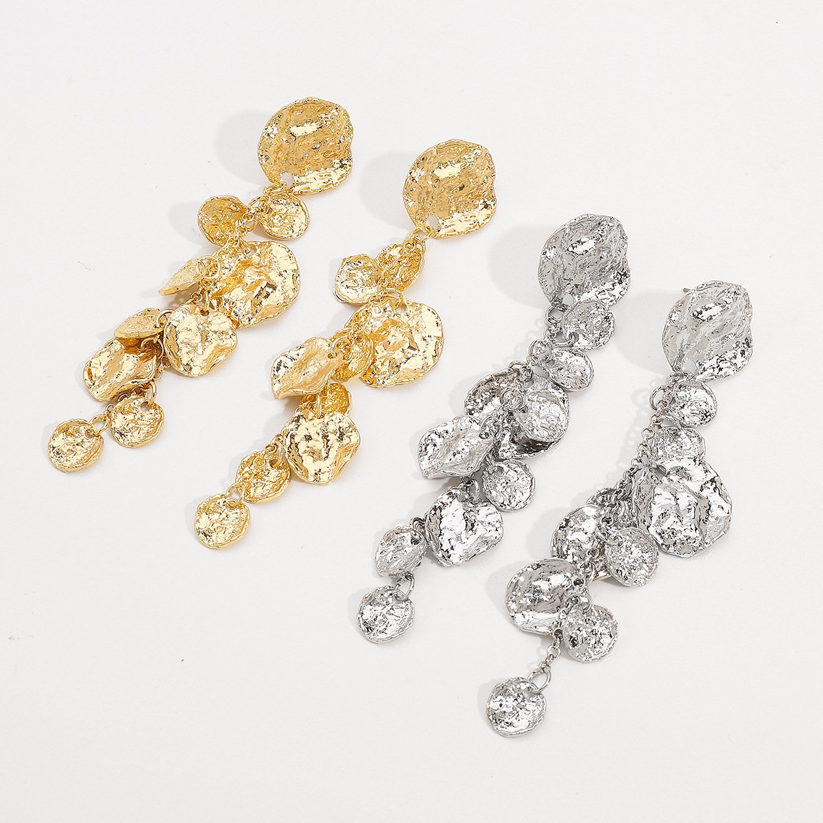 Hammered Gold Plated Long Drop Statement Earrings