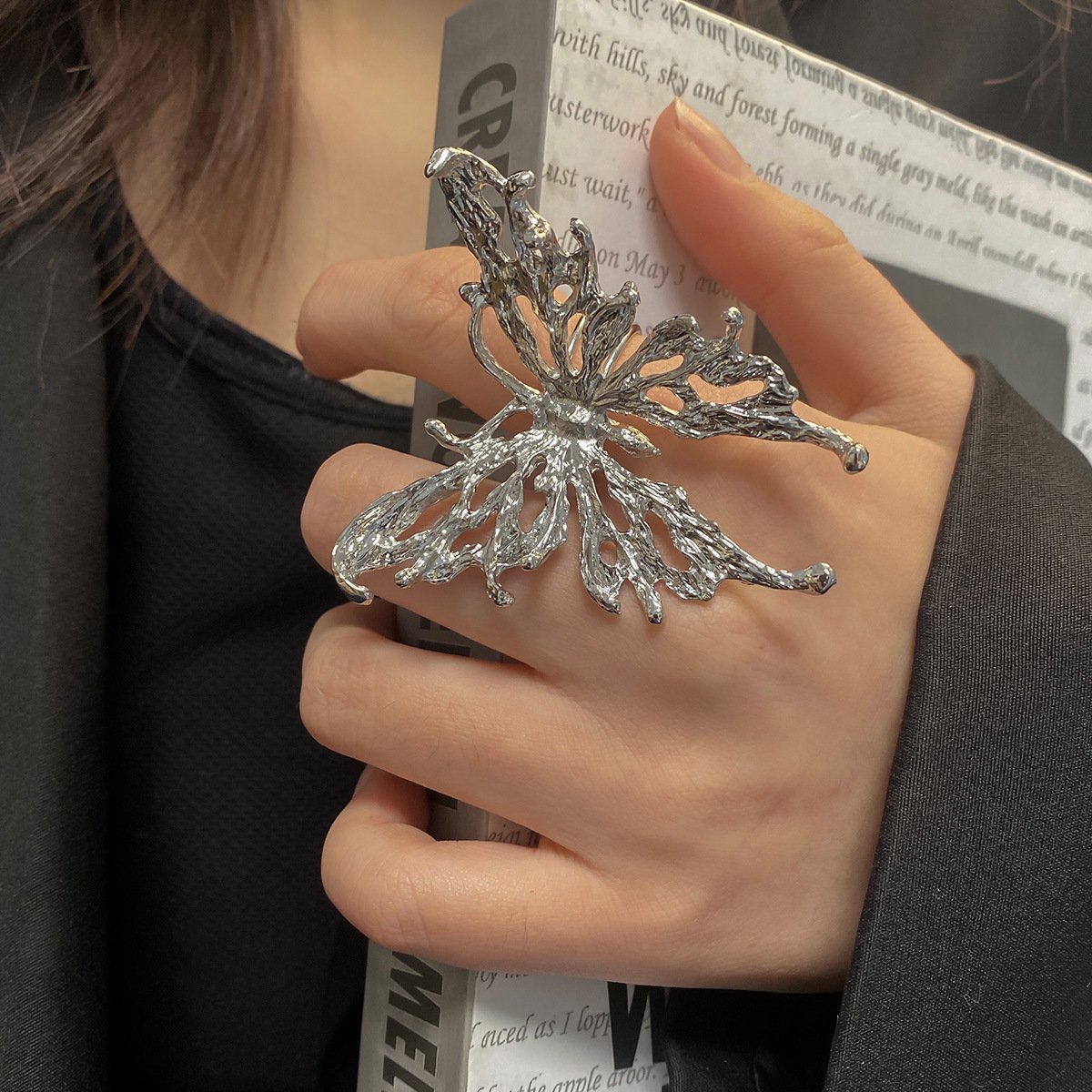 Silver Liquid Butterfly Statement Ring