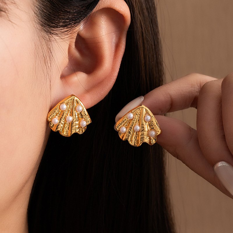 18K Gold Plated Hammered Pearl Drop Earrings