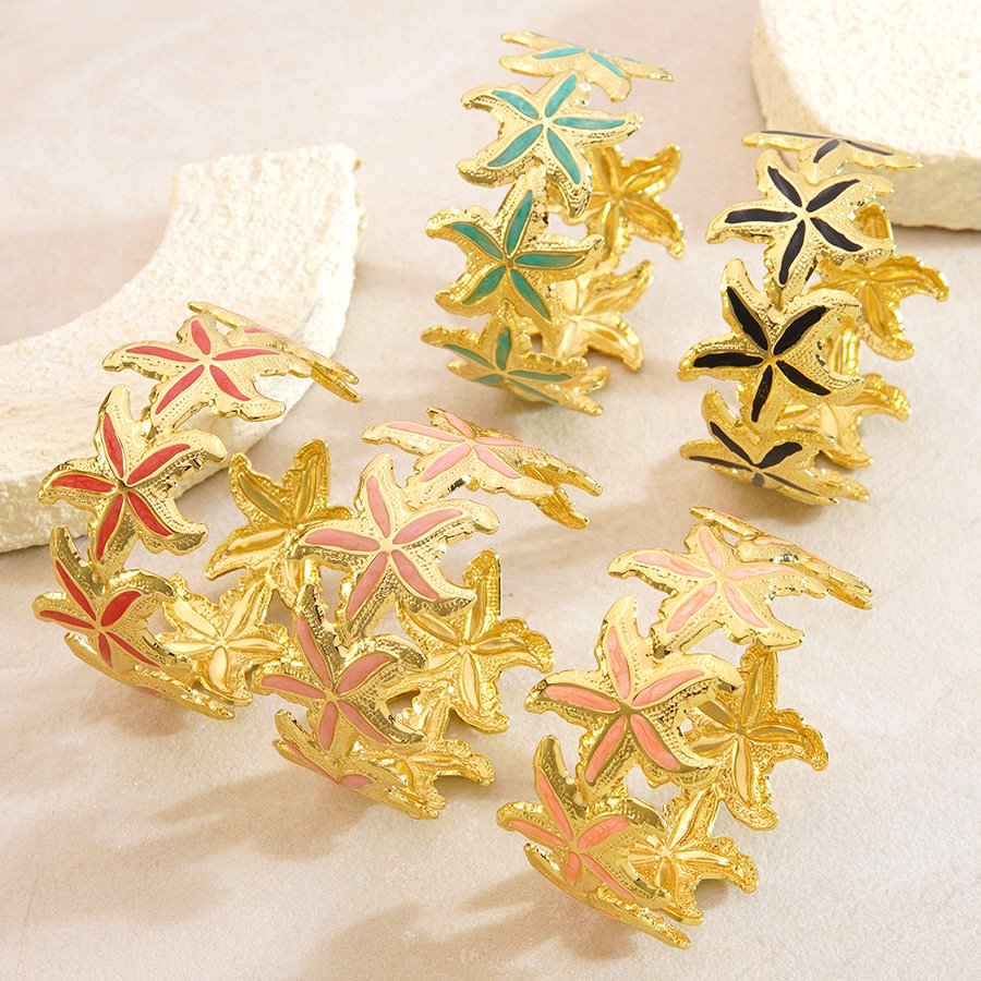 18K Gold Plated Multicolor Enamel Stacked Starfish Open Cuff Bracelet
