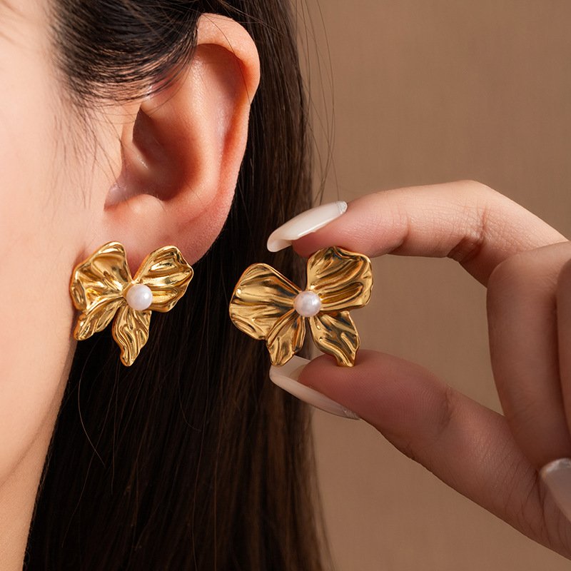 18K Gold Plated Hammered Pearl Drop Earrings