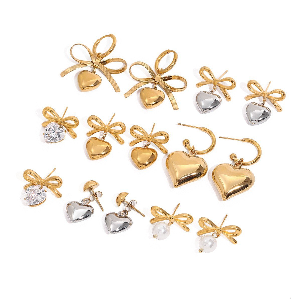 Gold Plated Bow & Heart Charm Earrings
