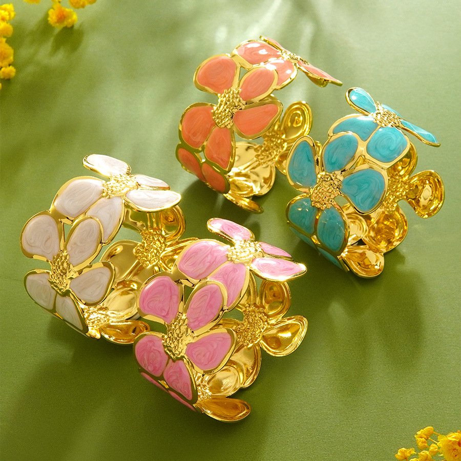 18K Gold Plated White Swirl Enamel Flower Open Cuff Bracelet
