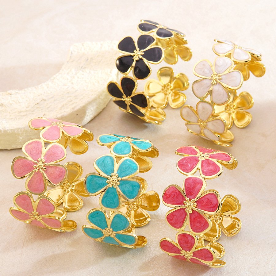 18K Gold Plated Oil Drop Enamel Flower Open Cuff Bracelet