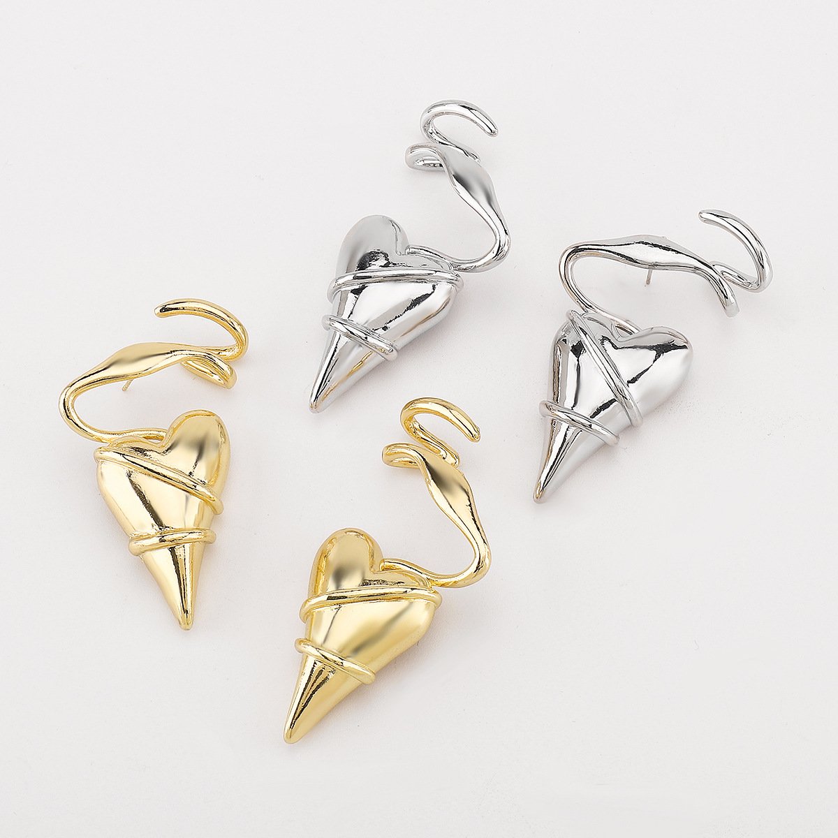 Gold Plated Twisted Heart Spike Drop Earrings