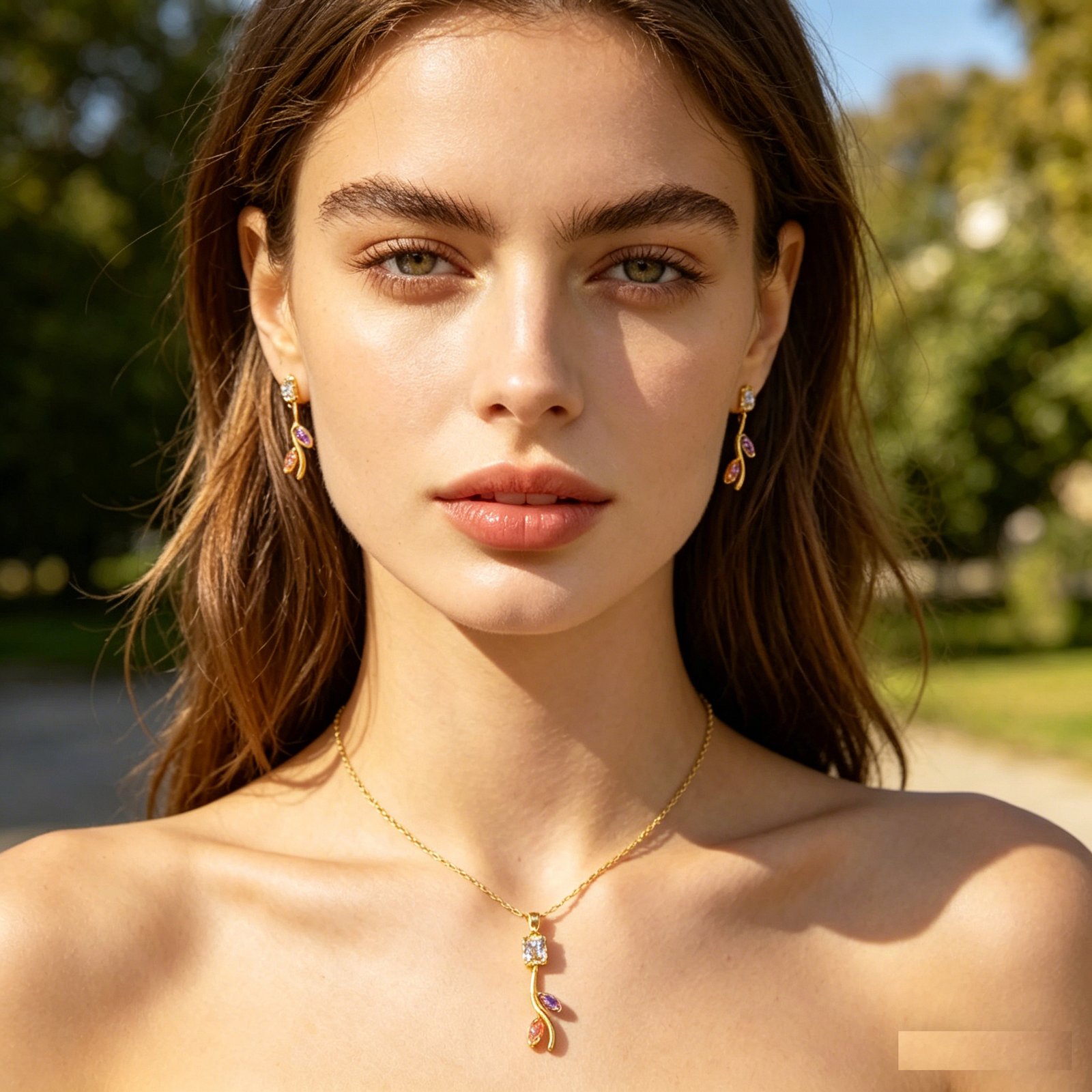 Gold Twig Jewelry Set with Multicolor Crystals