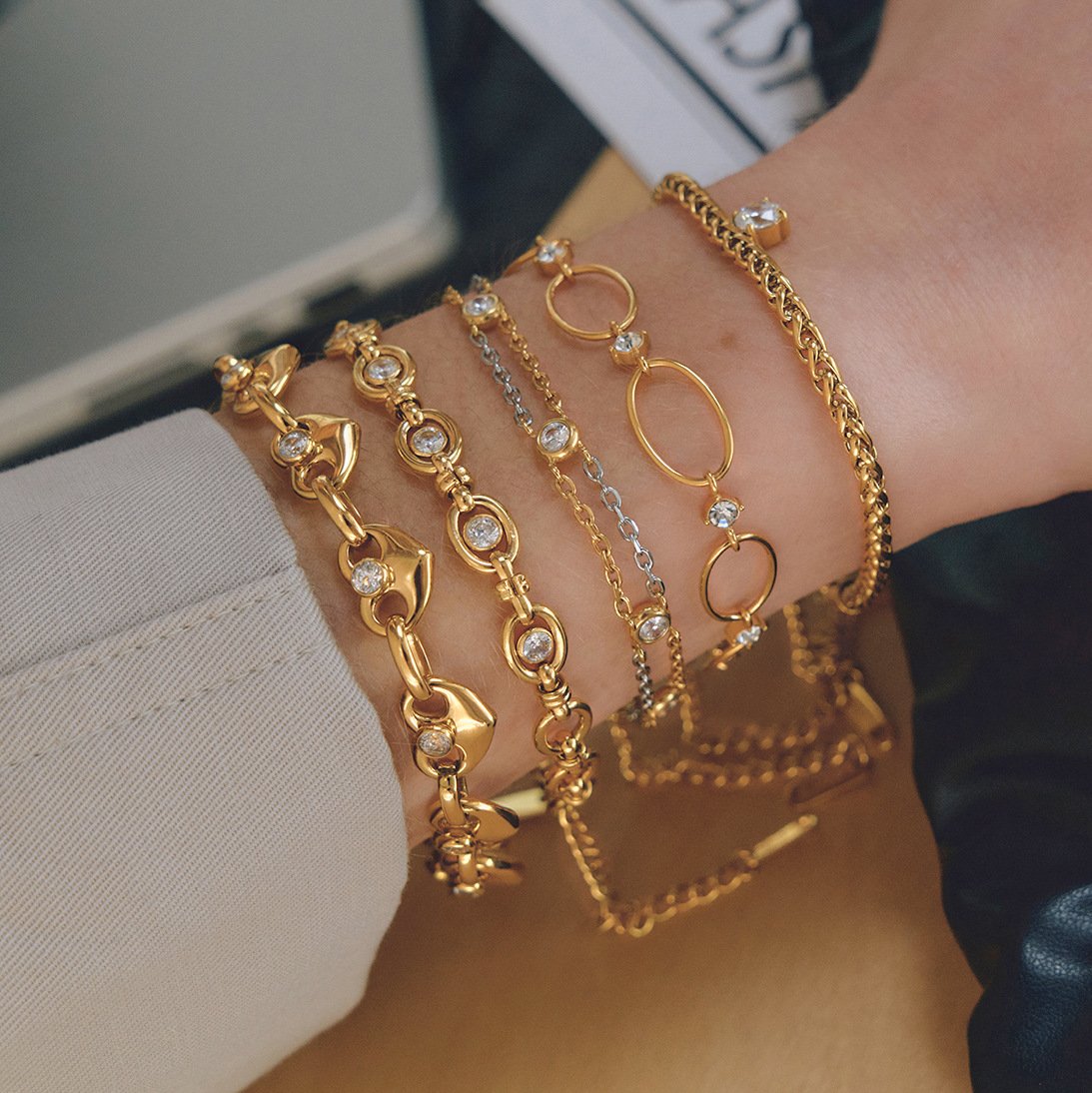 Gold Plated Stainless Steel Chunky Link Bracelet – Waterproof CZ Jewelry for Women