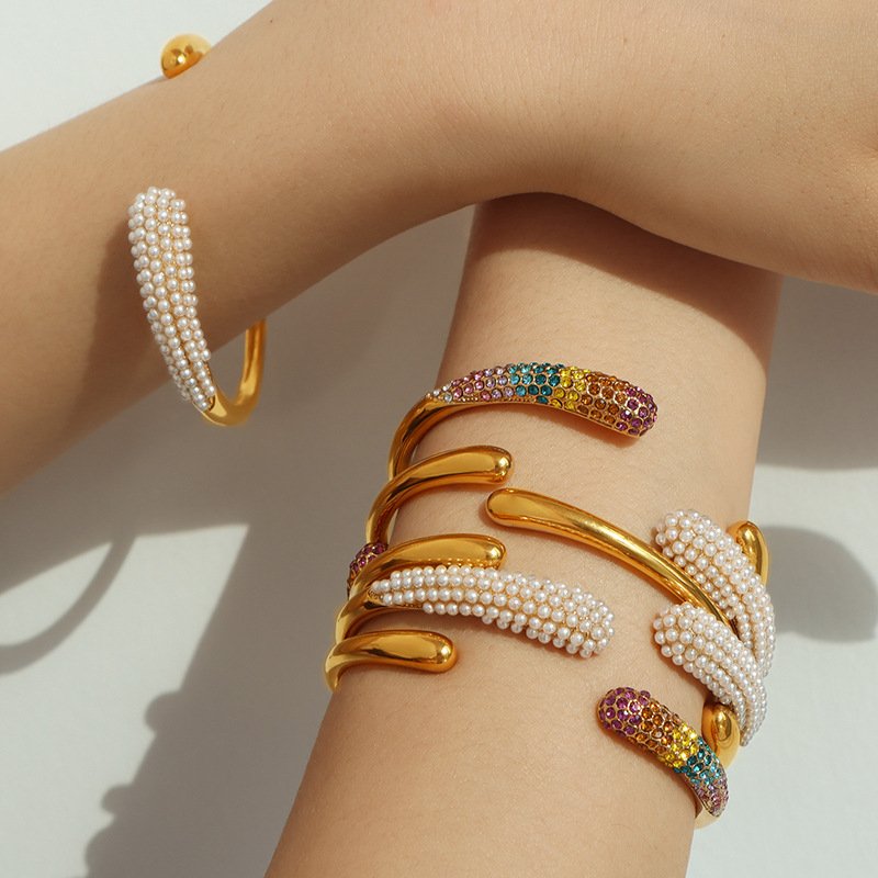 Luxury Crystal Open Cuff Bracelet for Women – Gold Stainless Steel Rainbow & Pearl Statement Bangle