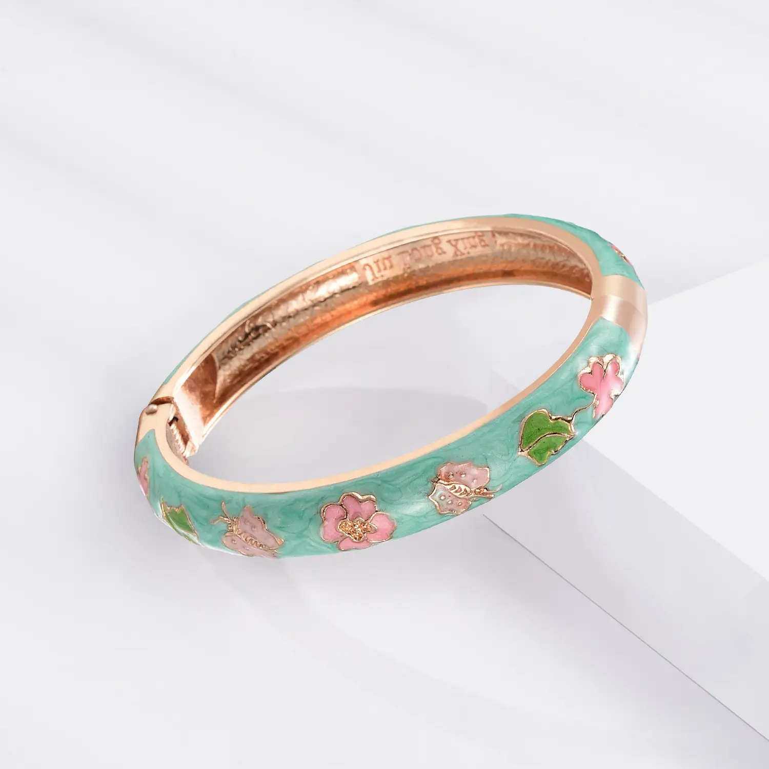 Rose gold cloisonne peony enamel hinged bangle bracelet, green base vintage oriental women fashion jewelry